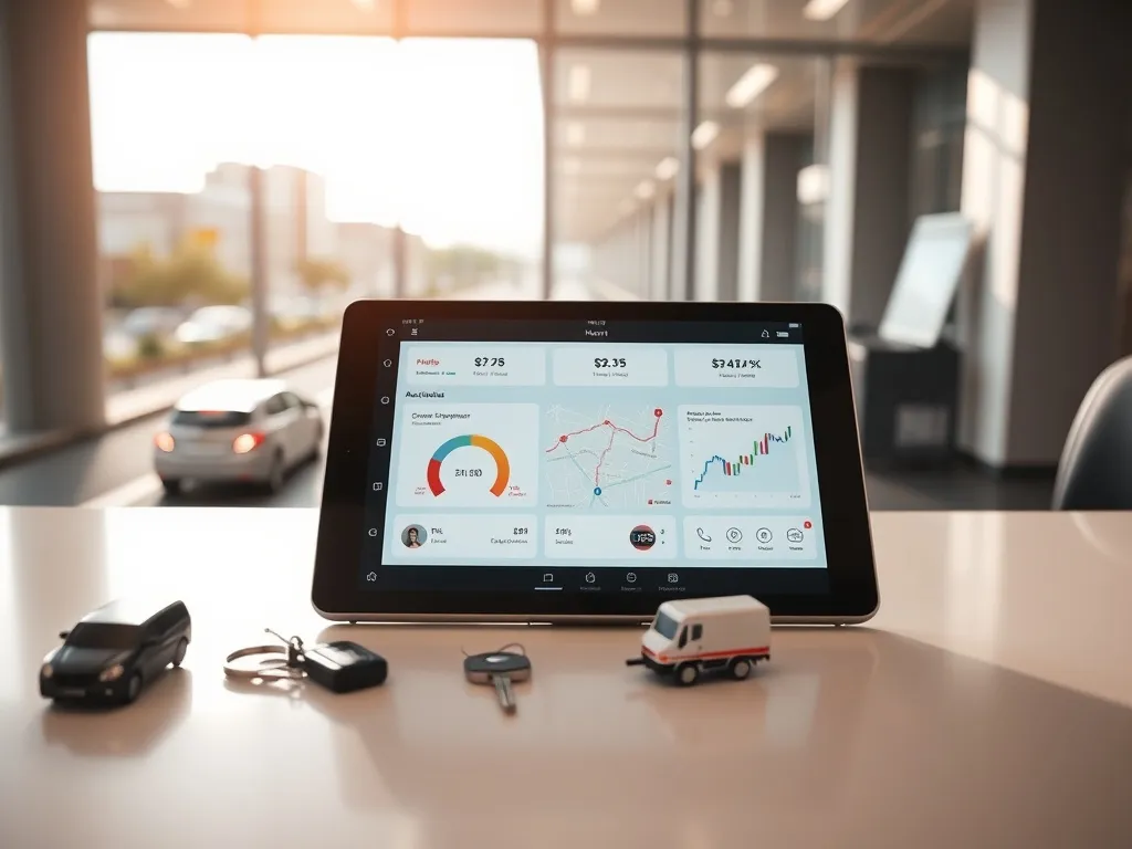 Tablet z kolorowym pulpitem floty pojazdów na biurku obok kluczyków i miniaturowego auta dostawczego.