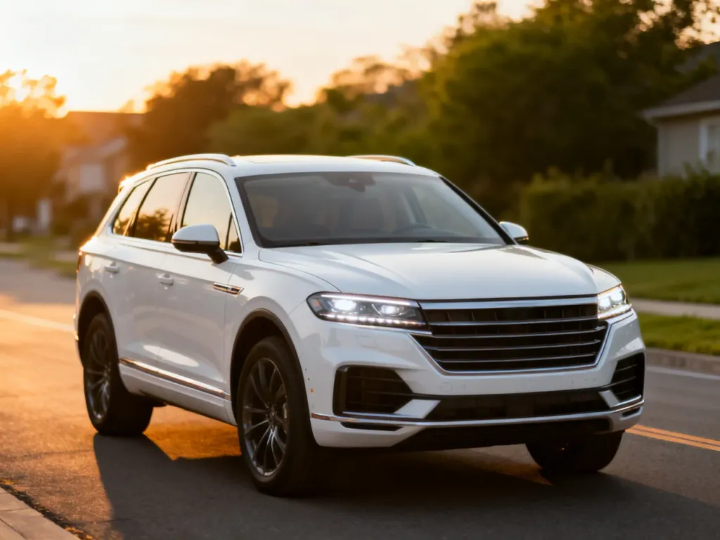 Biały SUV Kia Sportage IV zaparkowany na drodze w świetle zachodzącego słońca, prezentujący nowoczesny design przodu auta.