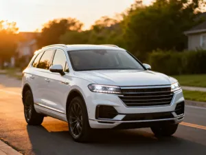 Nowoczesny Hyundai Tucson III zaparkowany na podjeździe w świetle zachodzącego słońca, podkreślający jego dynamiczny design.