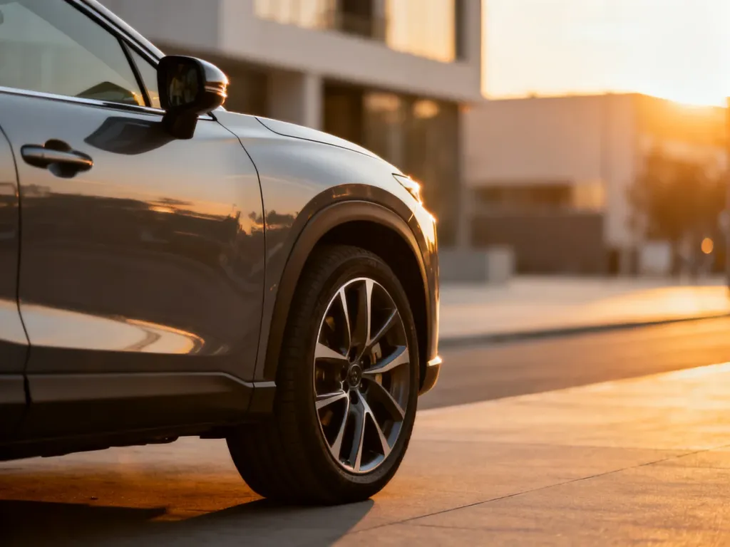 Nowoczesna Toyota C-HR zaparkowana na tle miejskiej architektury w świetle zachodzącego słońca.