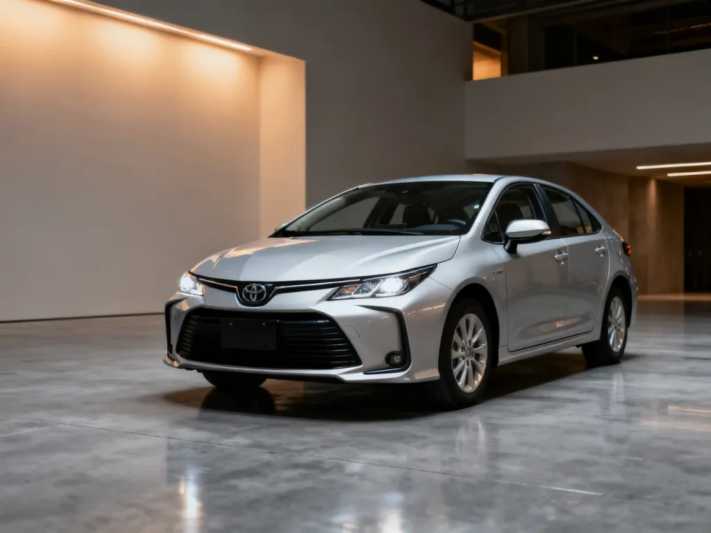 Srebrna Toyota Corolla E15 zaparkowana w nowoczesnym, minimalistycznym wnętrzu. Studio prezentujące design modelu.