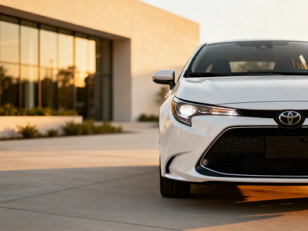 Biała Toyota Corolla hatchback zaparkowana na nowoczesnym podjeździe w świetle zachodzącego słońca.