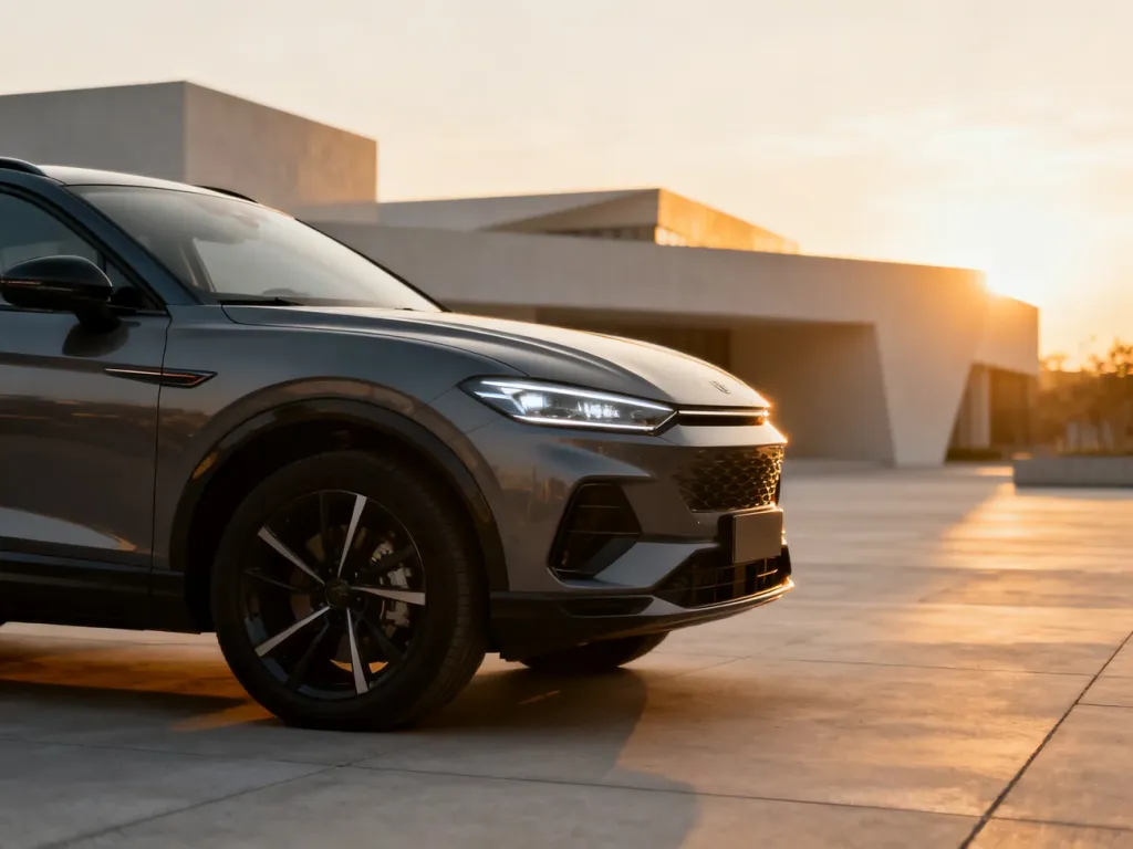 Nowoczesna Toyota C-HR II zaparkowana na miejskim placu w świetle zachodzącego słońca, podkreślającym jej aerodynamiczne linie.
