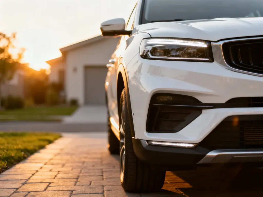 Biały SUV Kia Sportage zaparkowany na podjeździe w świetle zachodzącego słońca. Profesjonalne ujęcie przodu pojazdu.