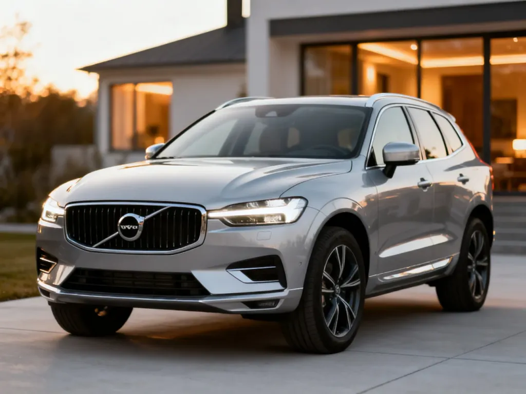 Srebrne Volvo XC60 zaparkowane na minimalistycznym podjeździe w świetle zachodzącego słońca.