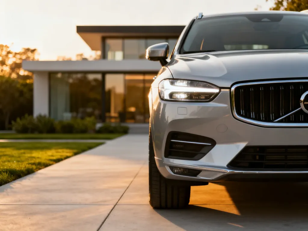 Srebrne Volvo XC60 zaparkowane na nowoczesnym podjeździe w świetle zachodzącego słońca.